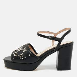 Pre Owned Gucci Black Leather Janaya GG Ankle Strap Sandals Size 40
