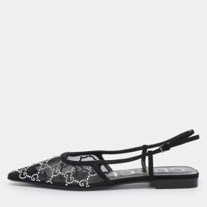 Pre Owned Gucci Black Suede and Mesh Crystal Embellished Slingback Pumps Size 37