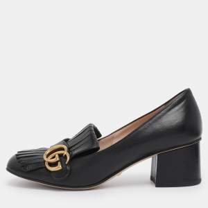 Pre Owned Gucci Black Leather Marmont GG Fringe Detail Block Heel Pumps Size 38