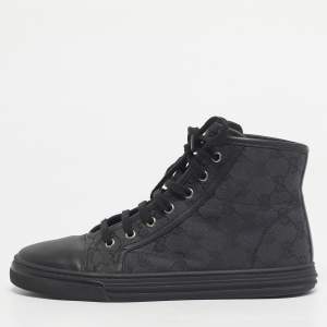 Pre Owned Gucci Black GG Canvas and Leather Brooklyn High Top Sneakers Size 39