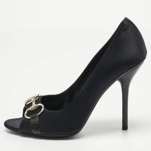 Pre Owned Gucci Black Satin Horsebit Peep Toe Pumps Size 39