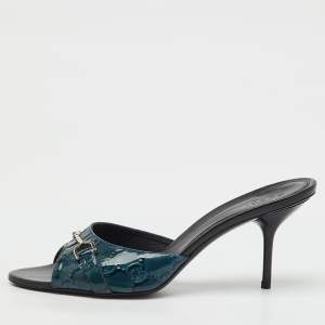 Pre Owned Gucci Navy Blue GG Patent Leather Horsebit Slide Sandals Size 38.5