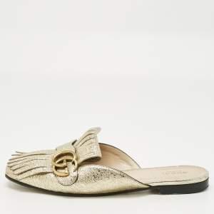 Pre Owned Gucci Gold Texture Leather GG Marmont Fringe  Mules Size 38