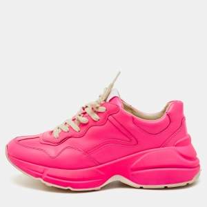 Pre Owned Gucci Neon Pink Leather Rhyton Sneakers Size 37.5