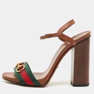 Pre Owned Gucci Brown Leather Horsebit Web Ankle Strap Sandals Size 38.5