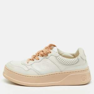 Pre Owned Gucci White/Beige Jumbo GG Embossed Leather Low Top Sneakers Size 37