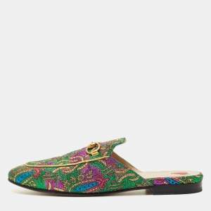 Pre Owned Gucci Multicolor Brocade Fabric Princetown Mules Size 37