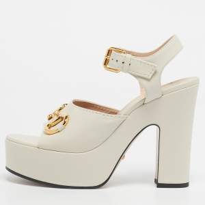 Pre Owned Gucci Off White Leather Horsebit Platform Block Heel Ankle Strap Sandals Size 39.5