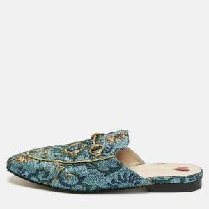Pre Owned Gucci Metallic Blue Brocade Fabric Princetown Flat Mules Size 39