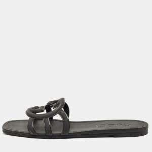 Pre Owned Gucci Black Rubber Interlocking G Flat Slides Size 40