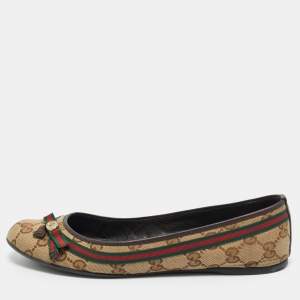 Pre Owned Gucci Beige/Brown GG Canvas And Leather Mayfair Web Bow Detail Ballet Flats Size 36.5