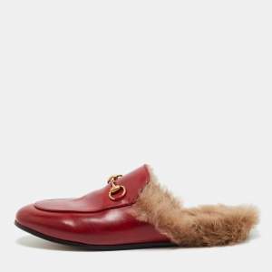 Pre Owned Gucci Red Leather and Fur Princetown Flat Mules Size 37.5