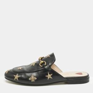 Pre Owned Gucci Black Leather Bee and Star Embroidered Princetown Flat Mules Size 37