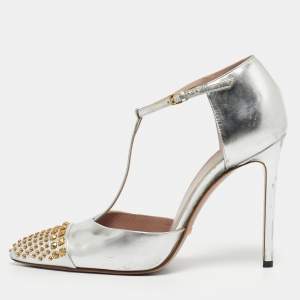Pre Owned Gucci Silver Leather Stud Point Toe Ankle Strap Pumps Size 39.5