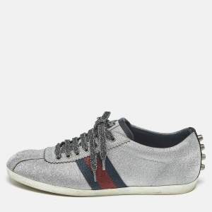 Pre Owned Gucci Silver Glitter Web Low Top Sneakers Size 38