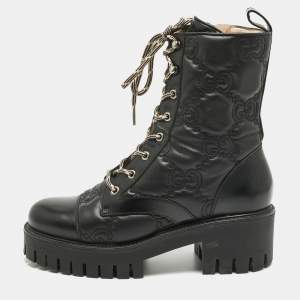 Pre Owned Gucci Black Leather GG Combat Boots Size 39