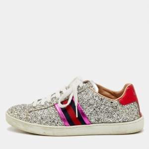 Pre Owned Gucci Silver Glitter And Leather Ace Low Top Sneakers Size 37