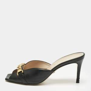 Pre Owned Gucci Black Leather Sylvie Chain Slide Sandals Size 36