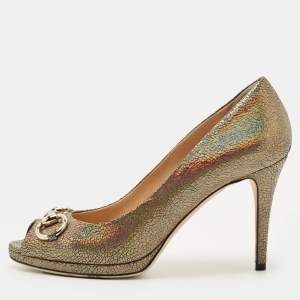 Pre Owned Gucci Multicolor Iridescent Leather Horsebit Peep Toe Pumps Size 39.5