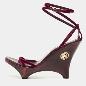 Pre Owned Gucci Burgundy Velvet Ankle Strap Wedge  Sandals Size 38