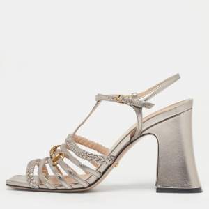 Pre Owned Gucci Rose Gold Leather Horsebit Ankle Strap Sandals Size 38