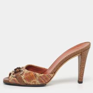 Pre Owned Gucci Beige Brown Orange Tweed Horsebit Slide Sandals Size 37