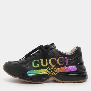 Pre Owned Gucci Black Leather Rhyton Rainbow Low Top Sneakers Size 39.5