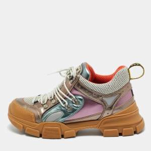 Pre Owned Gucci Multicolor Knit Fabric and Leather Flashtrek Lace Up Sneakers Size 40