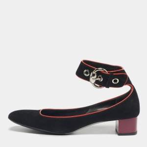 Pre Owned Gucci Black Suede Block Heel Ankle Strap Pumps Size 39