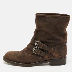 Pre Owned Gucci Dark Brown Suede Buckle Detail Ankle Length Boots Size 38.5