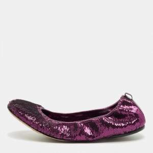 Pre Owned Gucci Purple Leather and Sequins Embellish Scrunch Ballet Flats Size 39