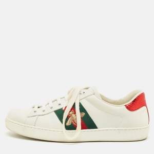 Pre Owned Gucci White Snakeskin Embossed and Leather Ace Web Lace Up Sneakers Size 39.5