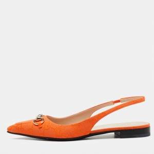 Pre Owned Gucci Orange GG Canvas Horsebit Slingback Flats Size 36.5