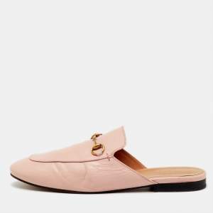 Pre Owned Gucci Light Pink Leather Princetown Horsebit Flat Mules Size 40