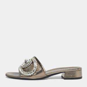 Pre Owned Gucci Metallic Leather Maxime Slide Sandals Size 38.5