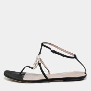 Pre Owned Gucci Black Suede GG Interlocking Crystal Embellished Ankle Strap Flat Sandals Size 39