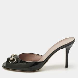 Pre Owned Gucci Black Patent Leather  Horsebit Slide Sandals Size 39