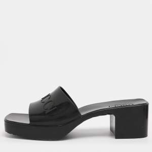 Pre Owned Gucci Black Rubber Embossed Logo Block Heel Slide Sandals Size 39