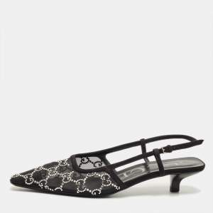 Pre Owned Gucci Black Suede and Mesh Crystal Embellished Slingback Pumps Size 37
