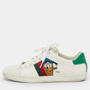 Pre Owned Gucci White Leather Ace Web Low Top Sneakers Size 38.5