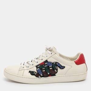 Pre Owned Gucci White Snakeskin Embossed and Leather Ace Low Top Sneakers Size 36.5