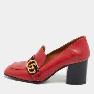 Pre Owned Gucci Red Leather GG Marmont Web Loafer Pumps Size 37