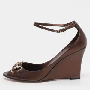 Pre Owned Gucci Metallic Leather Horsebit Wedge Sandals Size 39.5