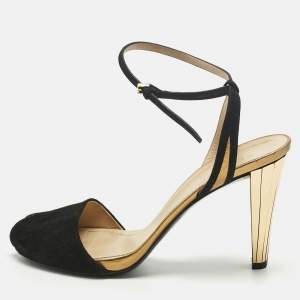 Pre Owned Gucci Black/Gold Leather and Suede Delphine Ankle Wrap Pumps Size 39