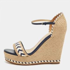 Pre Owned Gucci Beige/Blue Jute and Leather Crystal Embellished Espadrille Wedge Sandals Size 39.5