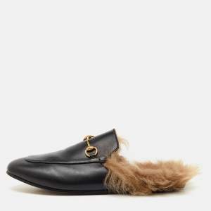 Pre Owned Gucci Black Leather and Fur Princetown Horsebit Flat Mules Size 41