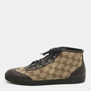 Pre Owned Gucci Brown/Beige GG Canvas and Leather Lace Up High Top Sneakers Size 39