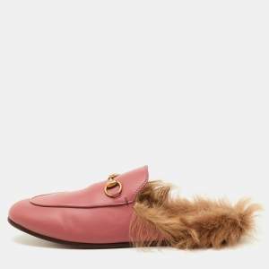 Pre Owned Gucci Rose Pink Leather and Fur Princetown Horsebit Flat Mules Size 37.5