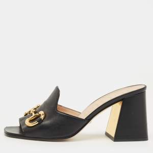 Pre Owned Gucci Black Leather Horsebit Slide Sandals Size 38