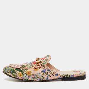Pre Owned Gucci Multicolor Floral Print Canvas Princetown Horsebit Flat Mules Size 38